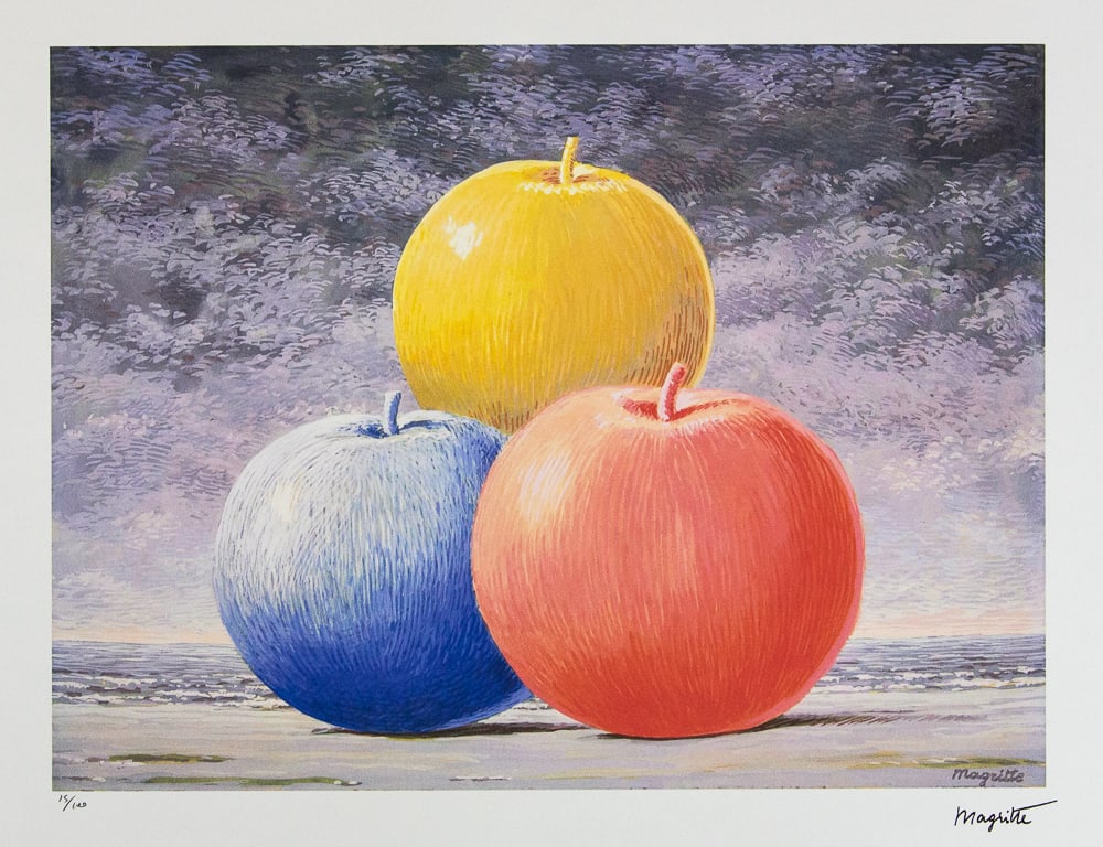 Rene Magritte 'Young Love': Rene Magritte (after) 'Young Love' lithography print, limited edition of 100, plate signed bottom right, numbered with pencil bottom left 15/100, bottom left publishing house stamp 'SPADEM, Paris', fi