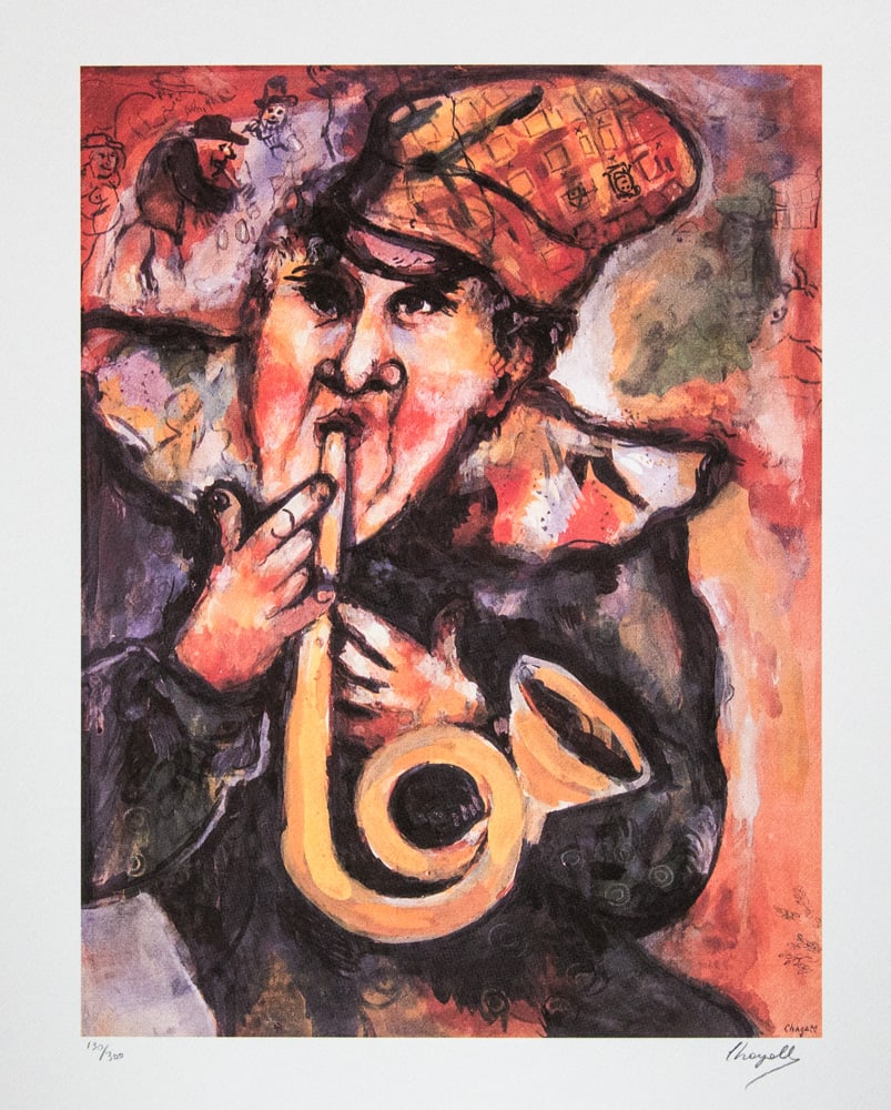 Marc Chagall 'Trumpet': Marc Chagall (after) 'Trumpet' offset lithograph, signed bottom right, numbered with pencil bottom left, limited edition 130/300, bottom left embossing stamp 'SPADEM Paris' heavy cotton paper, sheet