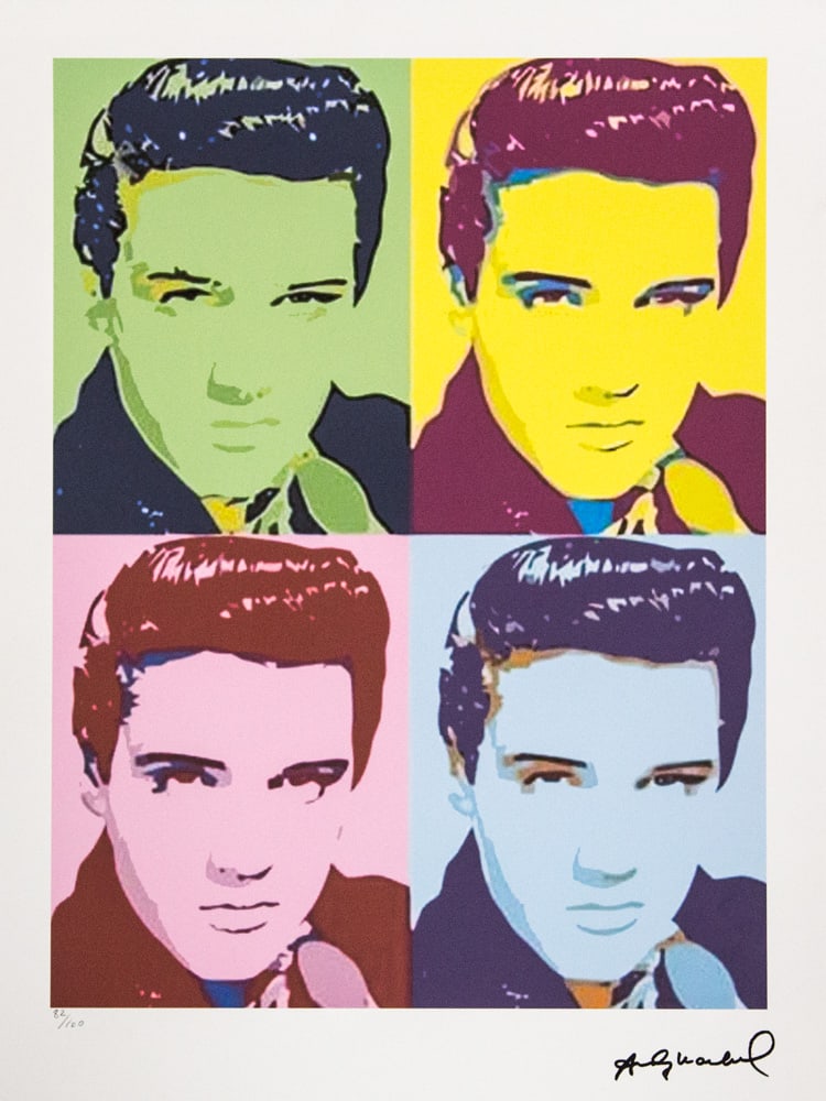 Andy Warhol 'Elvis Presley': Andy Warhol (after) 'Elvis Presley' offset lithograph in colors on Arches paper, sheet size 38,5 x 57 cm, plate signed bottom right, numbered with pencil, limited edition 82/100 (Leo Castelli, Art Gal