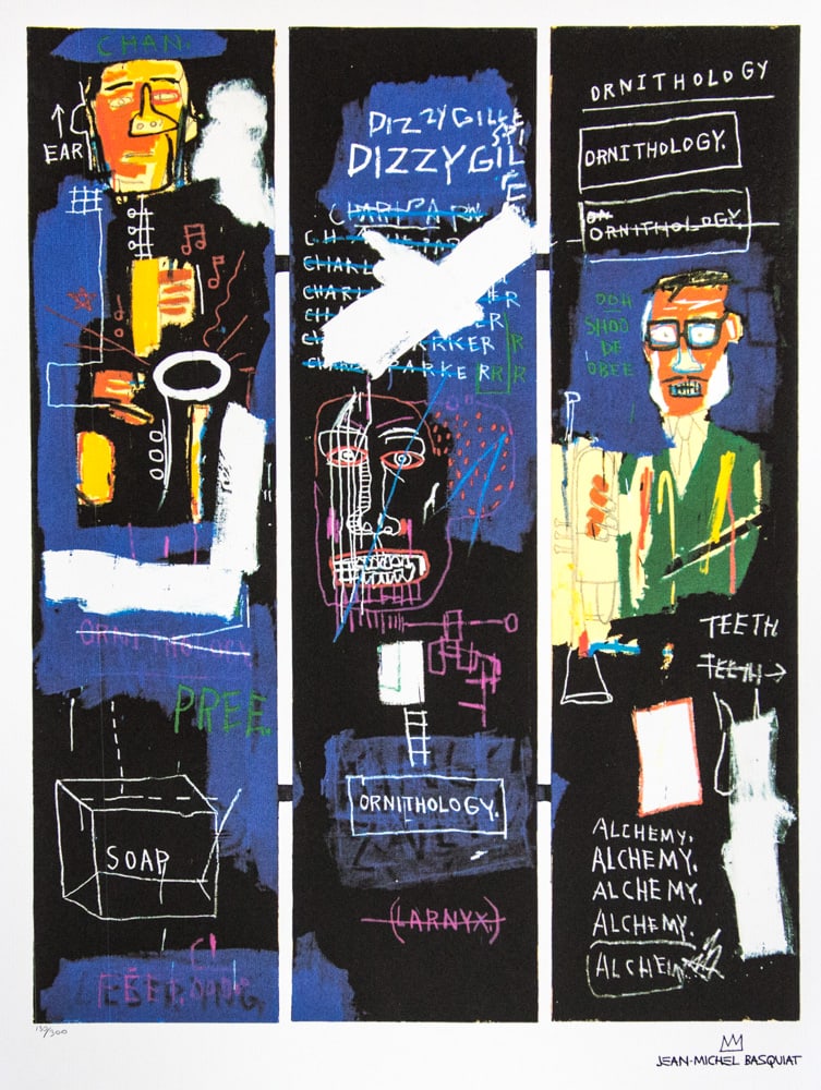 Jean-Michel Basquiat 'Horn Players': Jean-Michel Basquiat (after) 'Horn Players' lithography print, sheet size 50 x 70 cm, plate signed bottom right, numbered bottom left with pencil, limited edition 130/300, bottom right publishing