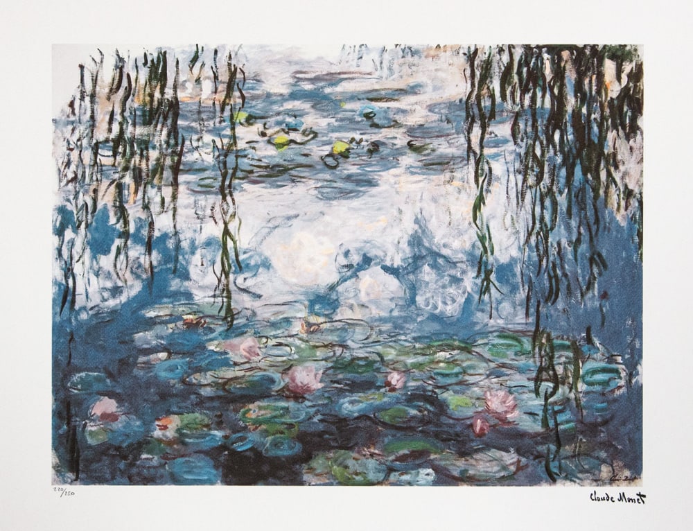 Claude Monet 'Water Lilies': Claude Monet (after) 'Water Lilies' lithography print, sheet size 50 x 70 cm, plate signed bottom right, numbered with pencil bottom left, limited edition 220/250, with embossing stamp 'SPADEM, Paris'