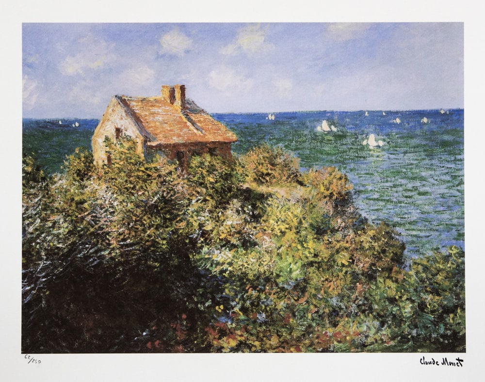 Claude Monet 'Fishermans Cottage at Varengeville': Claude Monet (after) 'Fishermans Cottage at Varengeville' lithography print, sheet size 50 x 70 cm, plate signed bottom right, numbered with pencil bottom left, limited edition 62/250, with embossing 