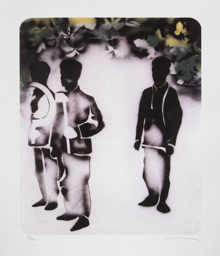 Mario Schifano 'Compagni': Mario Schifano (after) 'Compagni' offset lithograph in colors, signed bottom right, pencil, numbered bottom left with pencil, limited edition 26/200, bottom center publishing house stamp, cotton