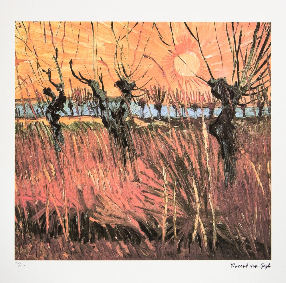 Vincent van Gogh 'Willows at Sunset': Vincent van Gogh (after) 'Willows at Sunset' lithography print, sheet size 50 x 70 cm, plate signed bottom right, numbered with pencil bottom left, limited edition 202/250, with embossing stamp 'SPADE