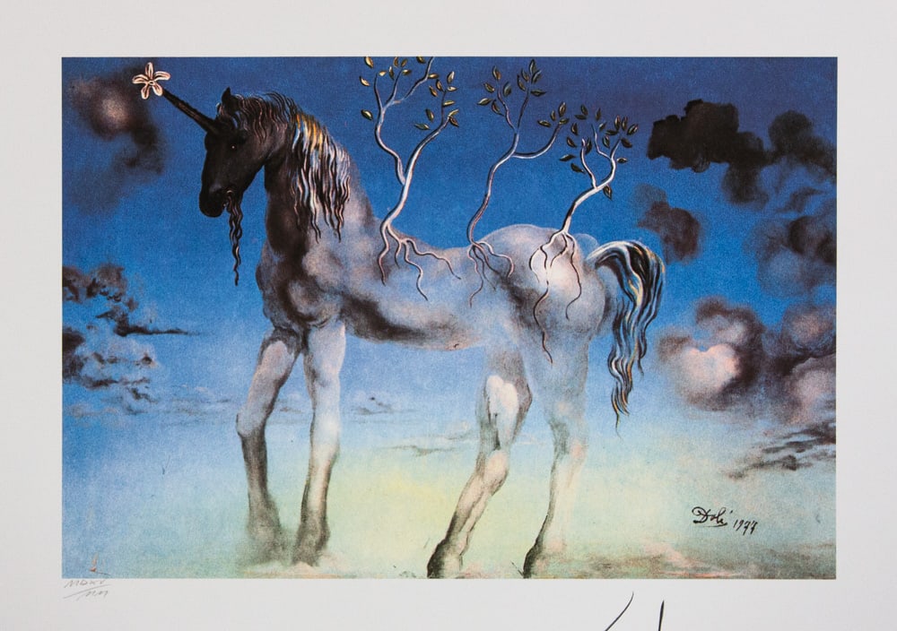 Salvador Dali 'The Unicorn': Salvador Dali (after) 'The Unicorn' offset lithography, sheet size 50 x 65 cm, heavy paper with watermark BFK Rives France, signed bottom right, pencil 'Dali', numbered with pencil bottom left
