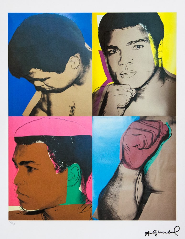 Andy Warhol 'Mohammad Ali': Andy Warhol (after) 'Mohammad Ali' offset lithograph in colors on Arches paper, sheet size 38,5 x 57 cm, plate signed bottom right, numbered with pencil, limited edition 30/100 (Leo Castelli, Art Gall