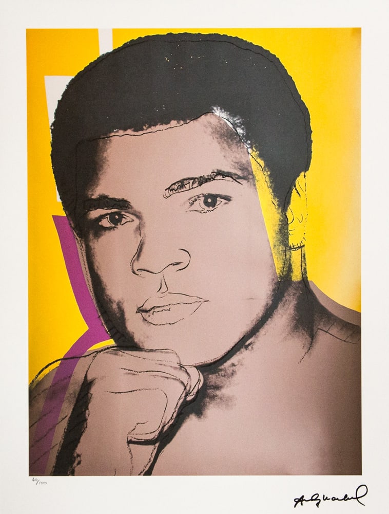 Andy Warhol 'Mohammad Ali': Andy Warhol (after) 'Mohammad Ali' offset lithograph in colors on Arches paper, sheet size 38,5 x 57 cm, plate signed bottom right, numbered with pencil, limited edition 40/100 (Leo Castelli, Art Gall