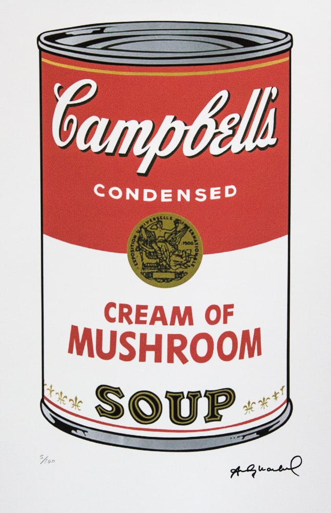 Andy Warhol 'Campbell’s Soup – Cream of Mushroom': Andy Warhol (after) 'Campbell’s Soup – Cream of Mushroom' offset lithograph in colors on Arches paper, sheet size 38,5 x 57 cm, plate signed bottom right, numbered with pencil, limited edition 5/1
