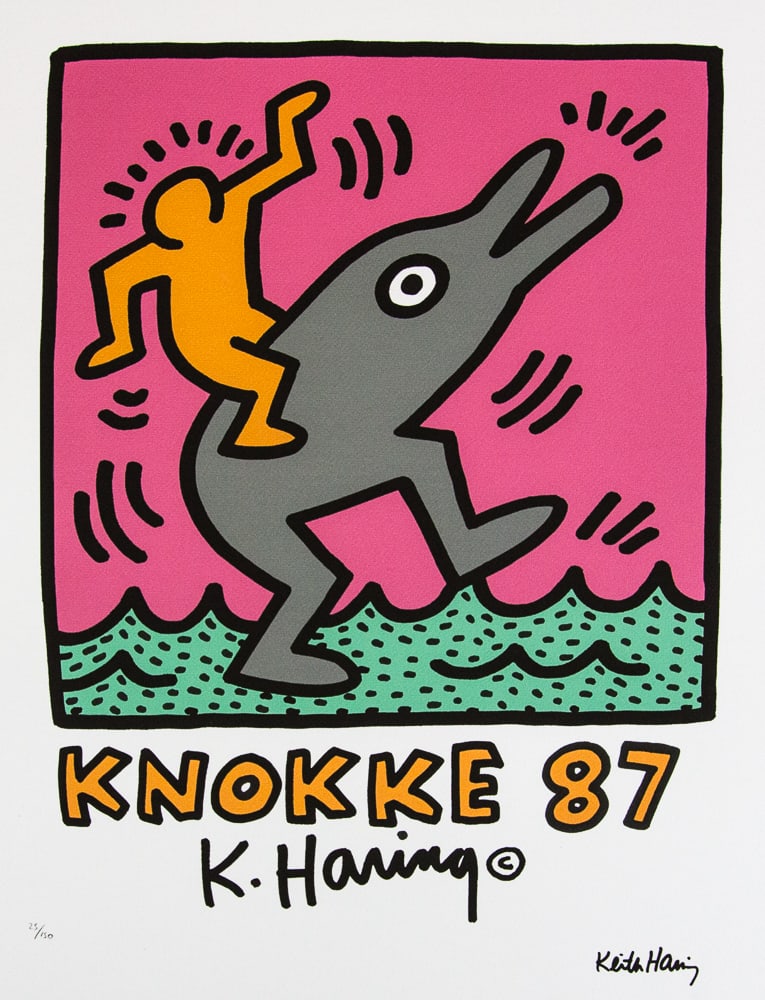 Keith Haring 'Knokke': Keith Haring (after) 'Knokke' offset lithography, limited edition of 150, sheet size 50 x 70 cm, plate signed bottom right, numbered with pencil bottom left 25/150, cotton paper, Keith Haring