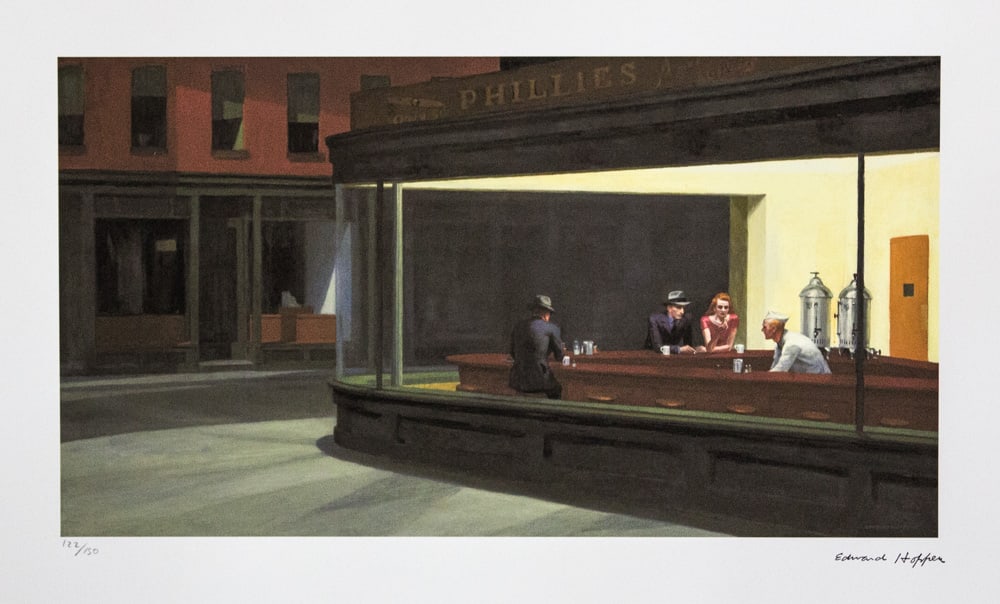 Edward Hopper 'Nighthawks': Edward Hopper (after) 'Nighthawks' limited edition 122/150, lithography print, plate signed bottom right, numbered with pencil bottom left, cotton paper Arches France, sheet size 38 x 57 cm, bottom