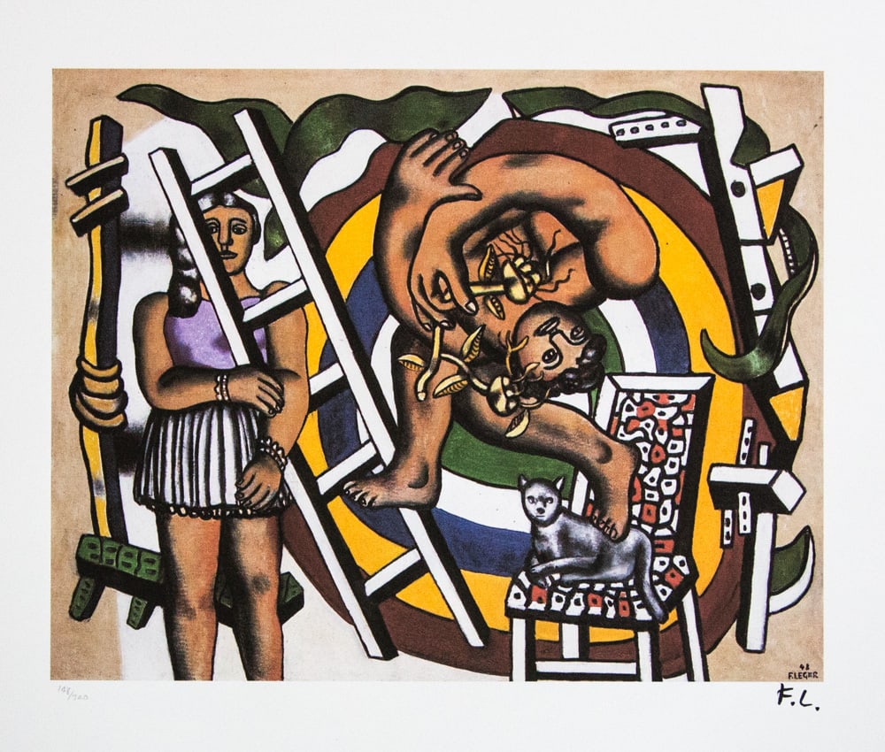 Fernand Leger 'The Acrobat and His Partner': Fernand Leger (after) 'The Acrobat and His Partner' lithography print, plate signed bottom right, numbered with pencil bottom left, limited edition 148/300, bottom left publishing house stamp 'Leonard
