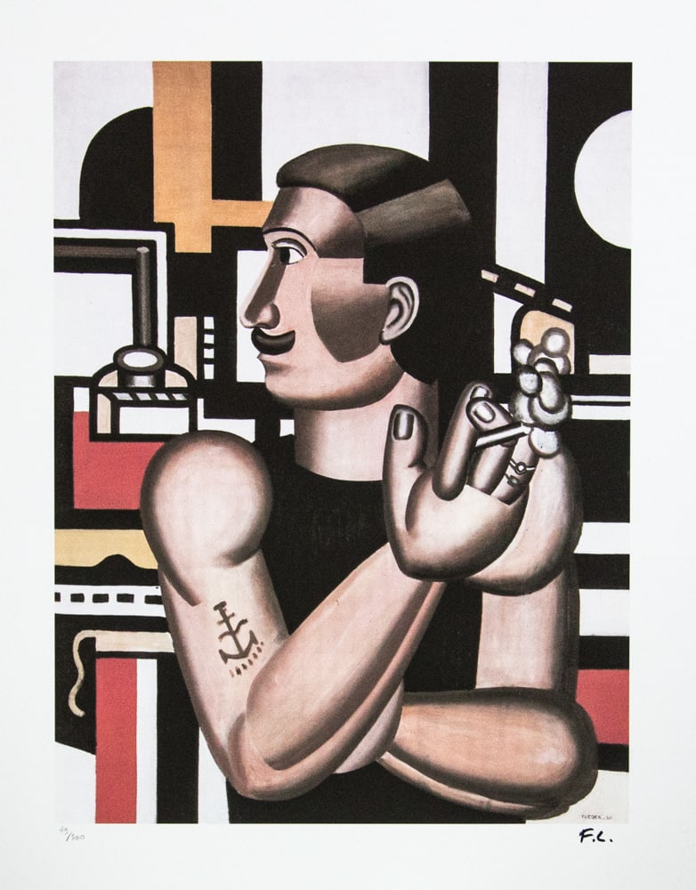 Fernand Leger 'The Mechanic': Fernand Leger (after) 'The Mechanic' lithography print, plate signed bottom right, numbered with pencil bottom left, limited edition 49/300, bottom left publishing house stamp 'Leonardo Artis', heavy 