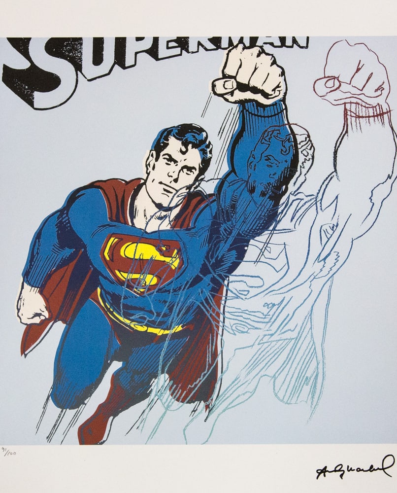 Andy Warhol 'Superman': Andy Warhol (after) 'Superman' offset lithograph in colors on Arches paper, sheet size 38,5 x 57 cm, plate signed bottom right, numbered with pencil, limited edition 91/100 (Leo Castelli, Art Gallery 