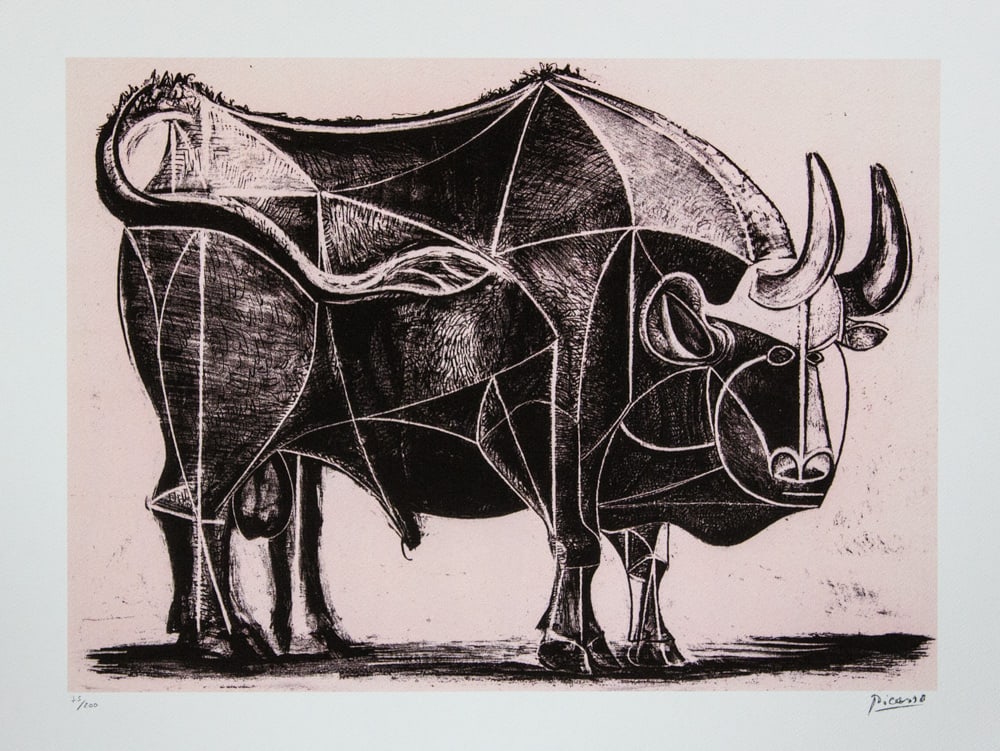 Pablo Picasso 'The Bull': Pablo Picasso (after) 'The Bull' lithograph print, limited edition of 200, sheet size 50 x 70 cm, plate signed bottom right, numbered with pencil bottom left 75/200, wove paper with Pablo Picasso Muse