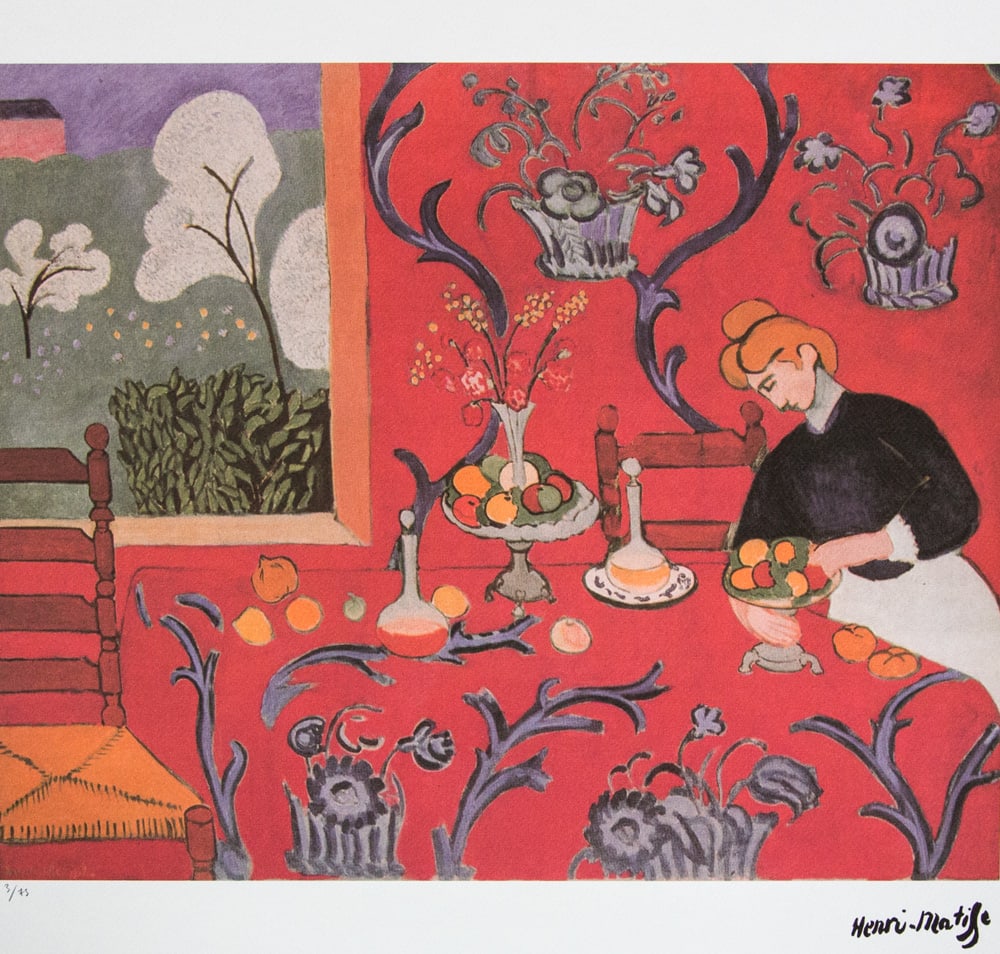 Henri Matisse 'Harmony in Red': Henri Matisse (after) 'Harmony in Red' offset lithography, limited edition of 75, sheet size 50 x 70 cm, plate signed bottom right, numbered with pencil bottom left 3/75, cotton paper, bottom left emb