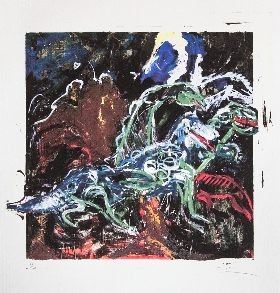 Mario Schifano 'Segreto di Eterna Giovinezza II': Mario Schifano (after) 'Segreto di Eterna Giovinezza II' offset lithograph in colors, signed bottom right, pencil, numbered bottom left with pencil, limited edition 61/200, bottom center publishing