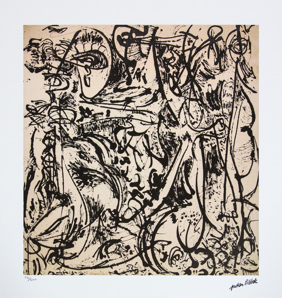 Jackson Pollock 'Echo: Number 25': Jackson Pollock (after) 'Echo: Number 25' lithography print, sheet size 50 x 70 cm, plate signed bottom right, numbered with pencil bottom left, limited edition 116/300, with embossing stamp 'SPADEM, 