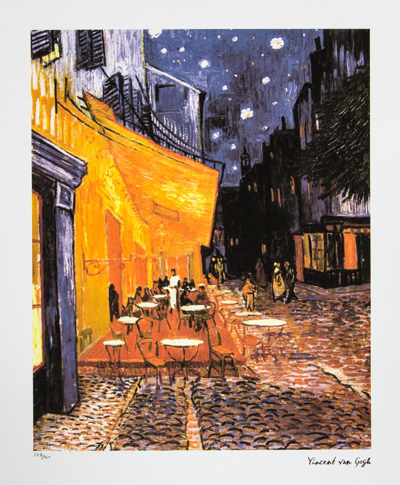 Vincent van Gogh 'Café Terrace at Night': Vincent van Gogh (after) 'Café Terrace at Night' lithography print, sheet size 50 x 70 cm, plate signed bottom right, numbered with pencil bottom left, limited edition 177/250, with embossing stamp '
