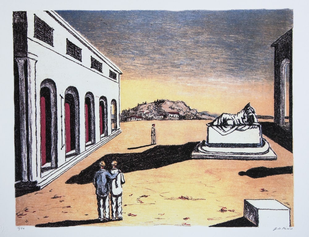Giorgio De Chirico 'Melancholy of a Beautiful Day': Giorgio De Chirico (after) 'Melancholy of a Beautiful Day' offset lithograph in colors, cotton paper, sheet size 50 x 70 cm, numbered bottom left with pencil, limited edition 16/76, signed bottom righ