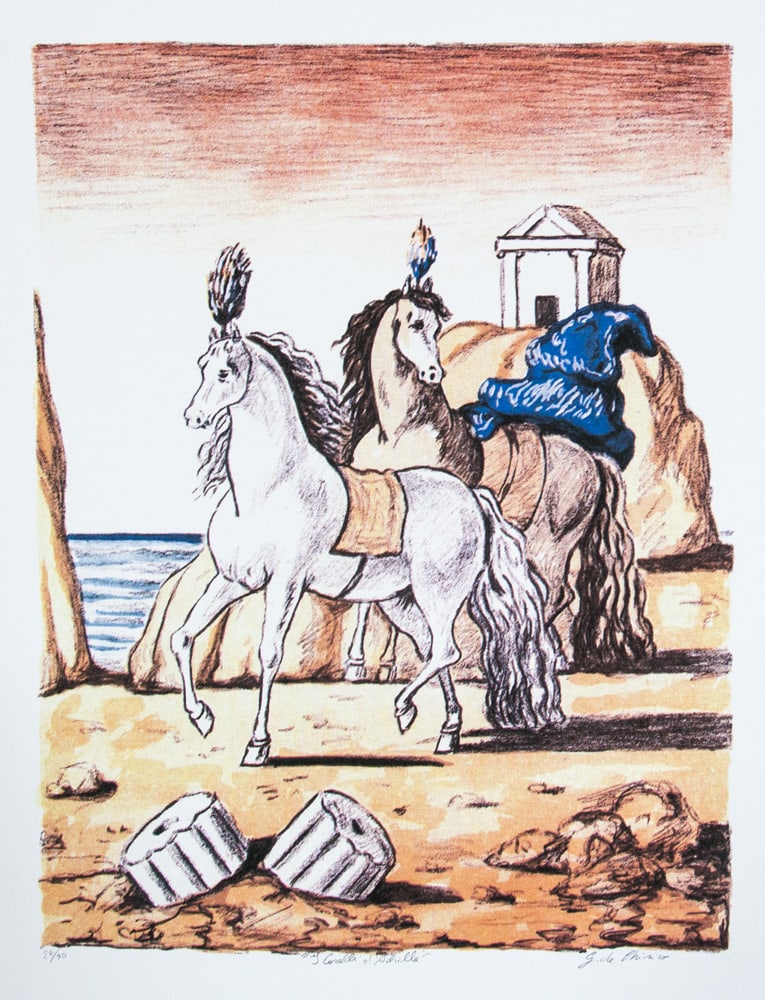 Giorgio De Chirico 'Ancient Horses': Giorgio De Chirico (after) 'Ancient Horses' offset lithograph in colors, cotton paper, sheet size 50 x 70 cm, numbered bottom left with pencil, limited edition 27/90, signed bottom right, pencil 'G. D