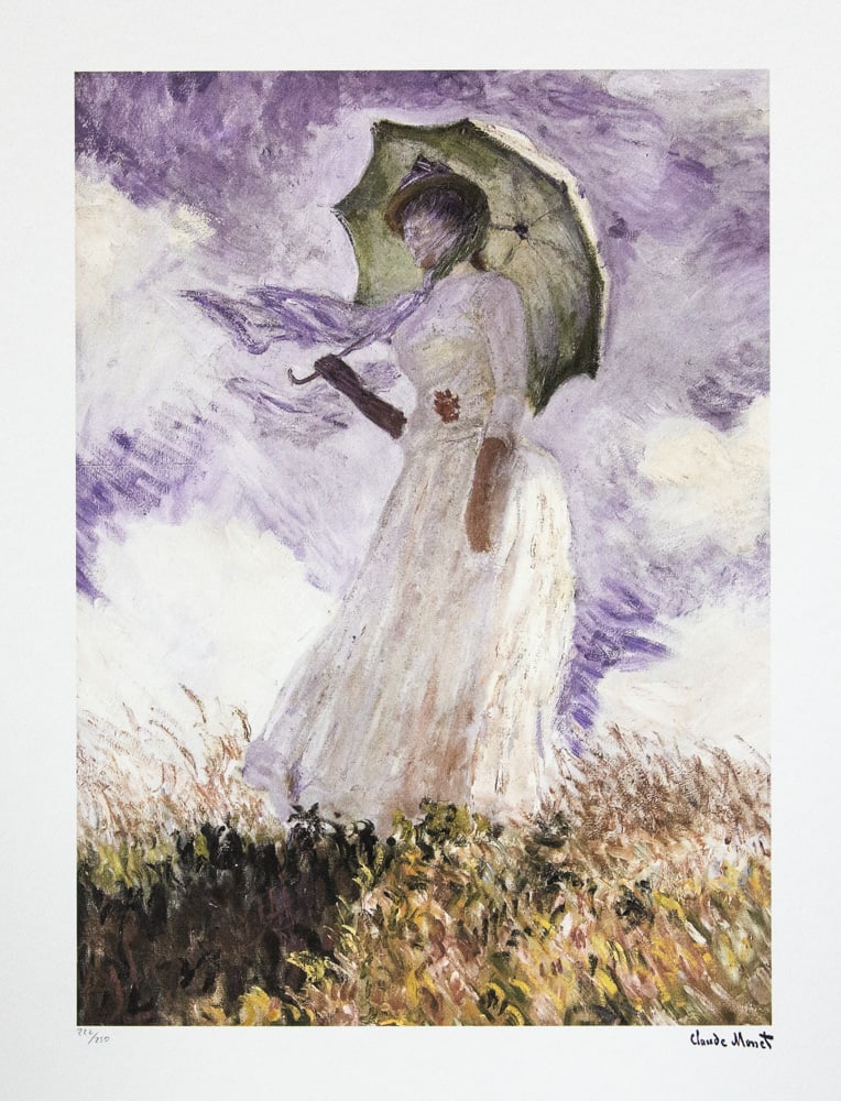 Claude Monet 'Woman with a Parasol': Claude Monet (after) 'Woman with a Parasol' lithography print, sheet size 50 x 70 cm, plate signed bottom right, numbered with pencil bottom left, limited edition 222/250, with embossing stamp