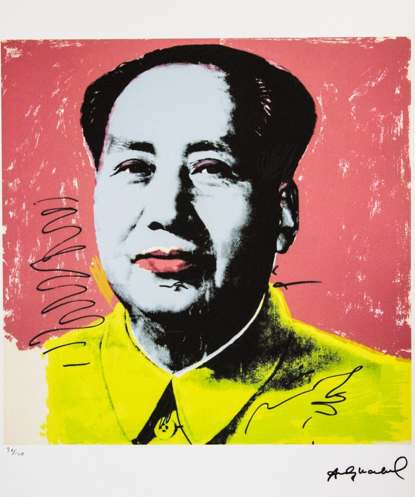 Andy Warhol 'Mao': Andy Warhol (after) 'Mao' offset lithograph in colors on Arches paper, sheet size 38,5 x 57 cm, plate signed bottom right, numbered with pencil, limited edition 96/100 (Leo Castelli, Art Gallery New Y