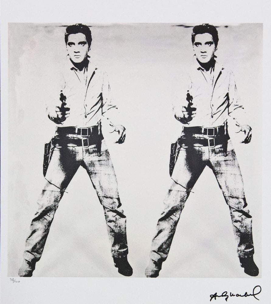 Andy Warhol 'Elvis Presley': Andy Warhol (after) 'Elvis Presley' offset lithograph in colors on Arches paper, sheet size 38,5 x 57 cm, plate signed bottom right, numbered with pencil, limited edition 38/100 (Leo Castelli, Art Gal