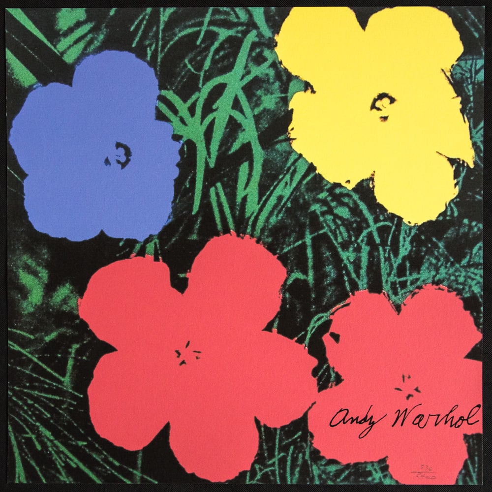 Andy Warhol 'Flowers': Andy Warhol (after) 'Flowers' offset lithography, size 60 x 60 cm, plate signed bottom right, numbered with pencil, limited edition 536/2400, heavy paper, stamped with CMOA on the back (Carnegie