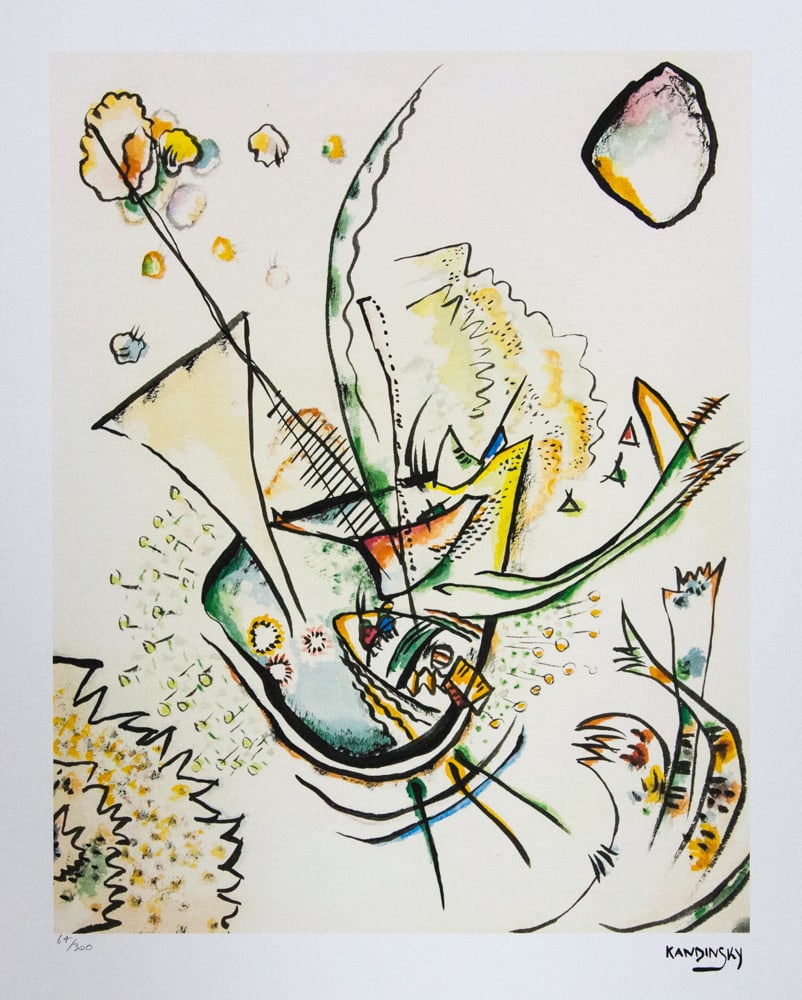 Wassily Kandinsky, Abstract Composition: Wassily Kandinsky (after) abstract composition, offset lithography, limited edition of 300, sheet size 50 x 65 cm, plate signed bottom right, numbered with pencil bottom left 64/300, fine art paper, w
