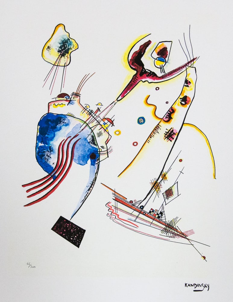 Wassily Kandinsky, Abstract Composition: Wassily Kandinsky (after) abstract composition, offset lithography, limited edition of 300, sheet size 50 x 65 cm, plate signed bottom right, numbered with pencil bottom left 66/300, fine art paper, w