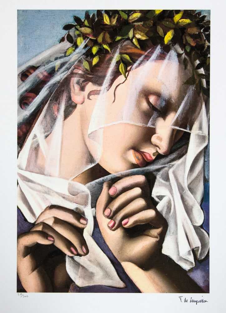 Tamara de ?empicka 'The Flower Wreat': Tamara de ?empicka (after) 'The Flower Wreat' offset lithography, limited edition of 300, sheet size 50 x 65 cm, plate signed bottom right, numbered with pencil bottom left 34/300, fine art paper,