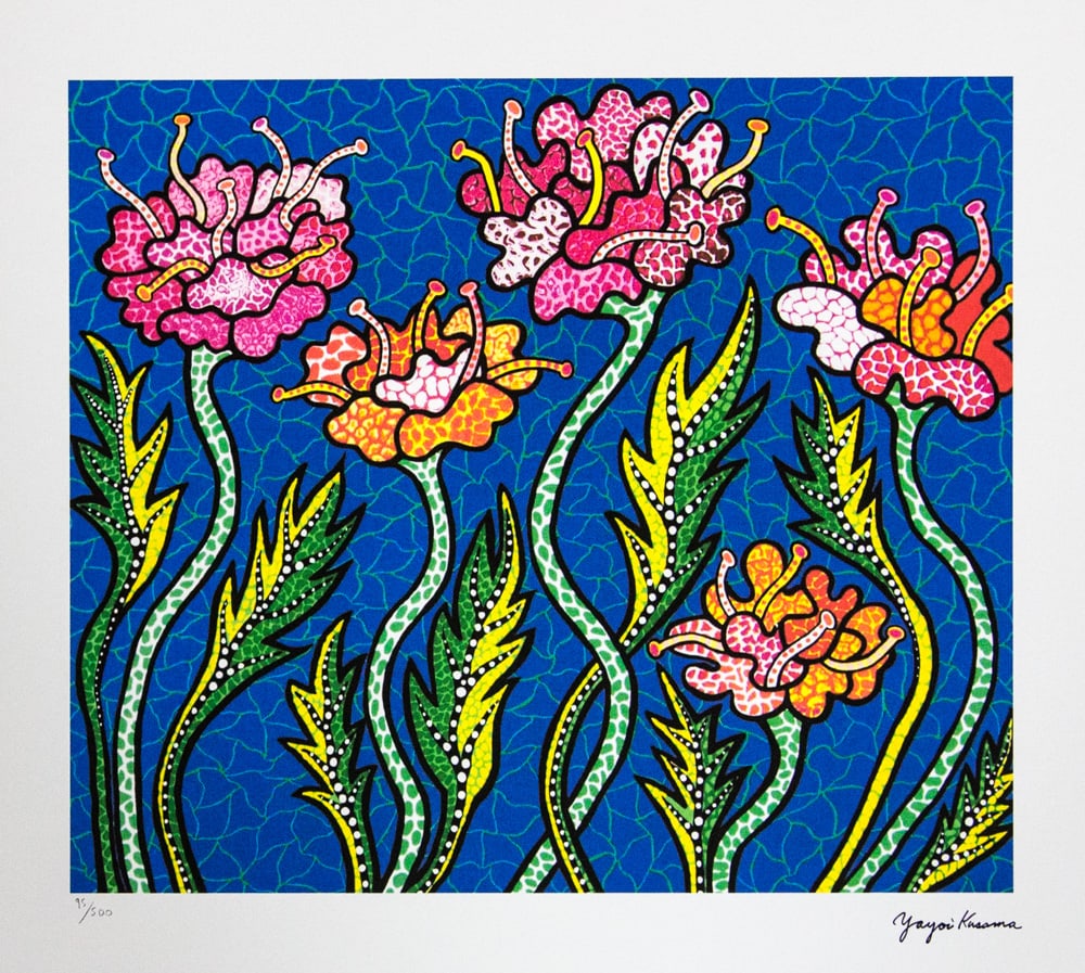Yayoi Kusama 'Summer Flowers': Yayoi Kusama (after) 'Summer Flowers' offset lithography, limited edition of 500, sheet size 50 x 65 cm, plate signed bottom right, numbered with pencil bottom left 95/500, fine art paper, without