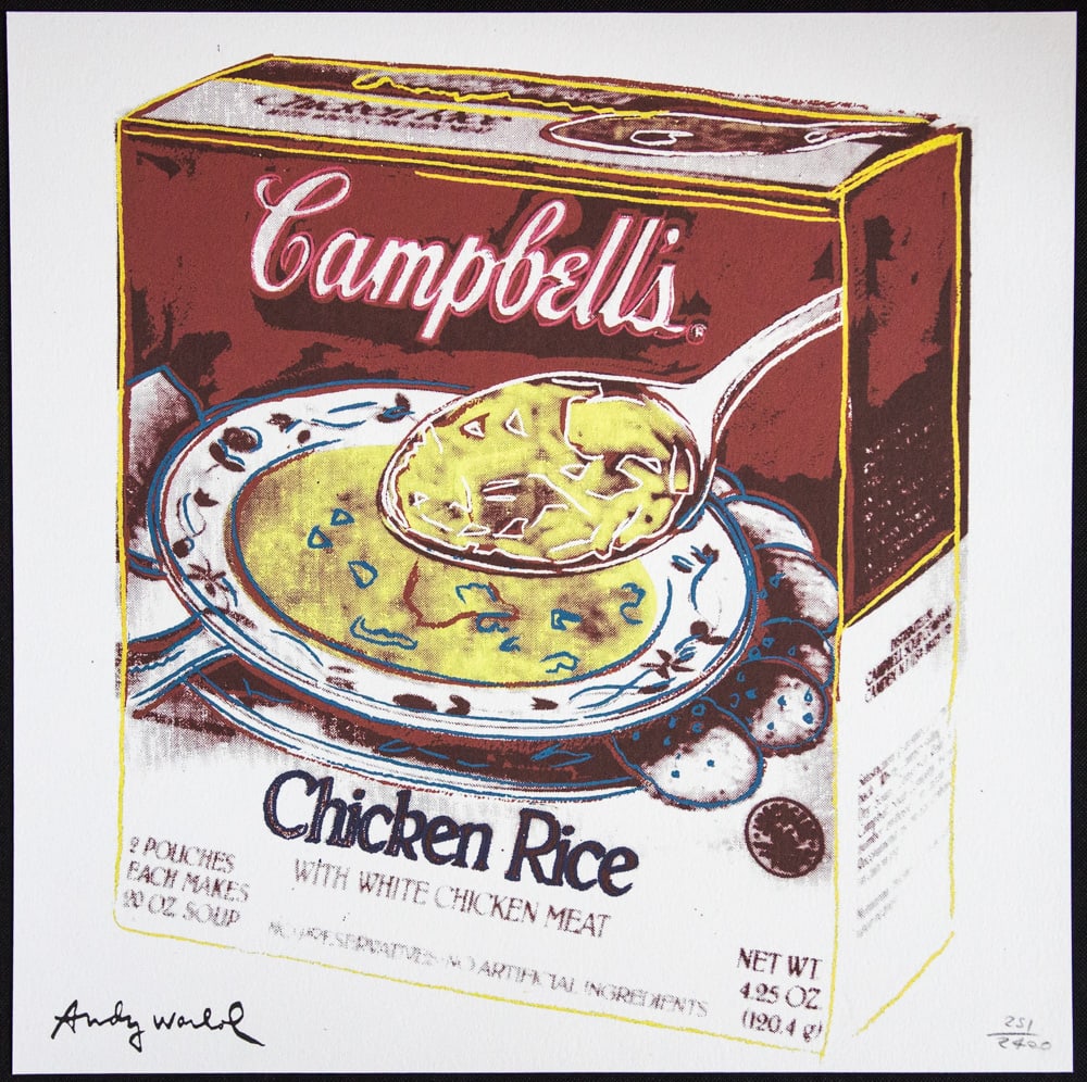 Andy Warhol 'Campbell's Soup Box: Chicken Rice': Andy Warhol (after) 'Campbell's Soup Box: Chicken Rice' offset lithography, size 60 x 60 cm, plate signed bottom left, numbered with pencil, limited edition 251/2400, heavy paper, stamped with CMOA