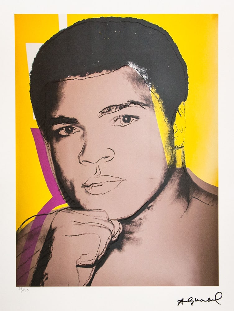 Andy Warhol 'Muhammad Ali': Andy Warhol (after) 'Muhammad Ali' offset lithograph in colors on Arches paper, sheet size 38,5 x 57 cm, plate signed bottom right, numbered with pencil, limited edition 56/100 (Leo Castelli, Art Gall