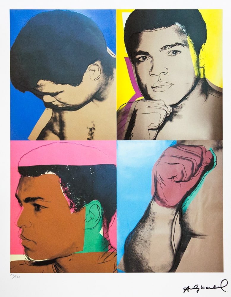 Andy Warhol 'Muhammad Ali': Andy Warhol (after) 'Muhammad Ali' offset lithograph in colors on Arches paper, sheet size 38,5 x 57 cm, plate signed bottom right, numbered with pencil, limited edition 25/100 (Leo Castelli, Art