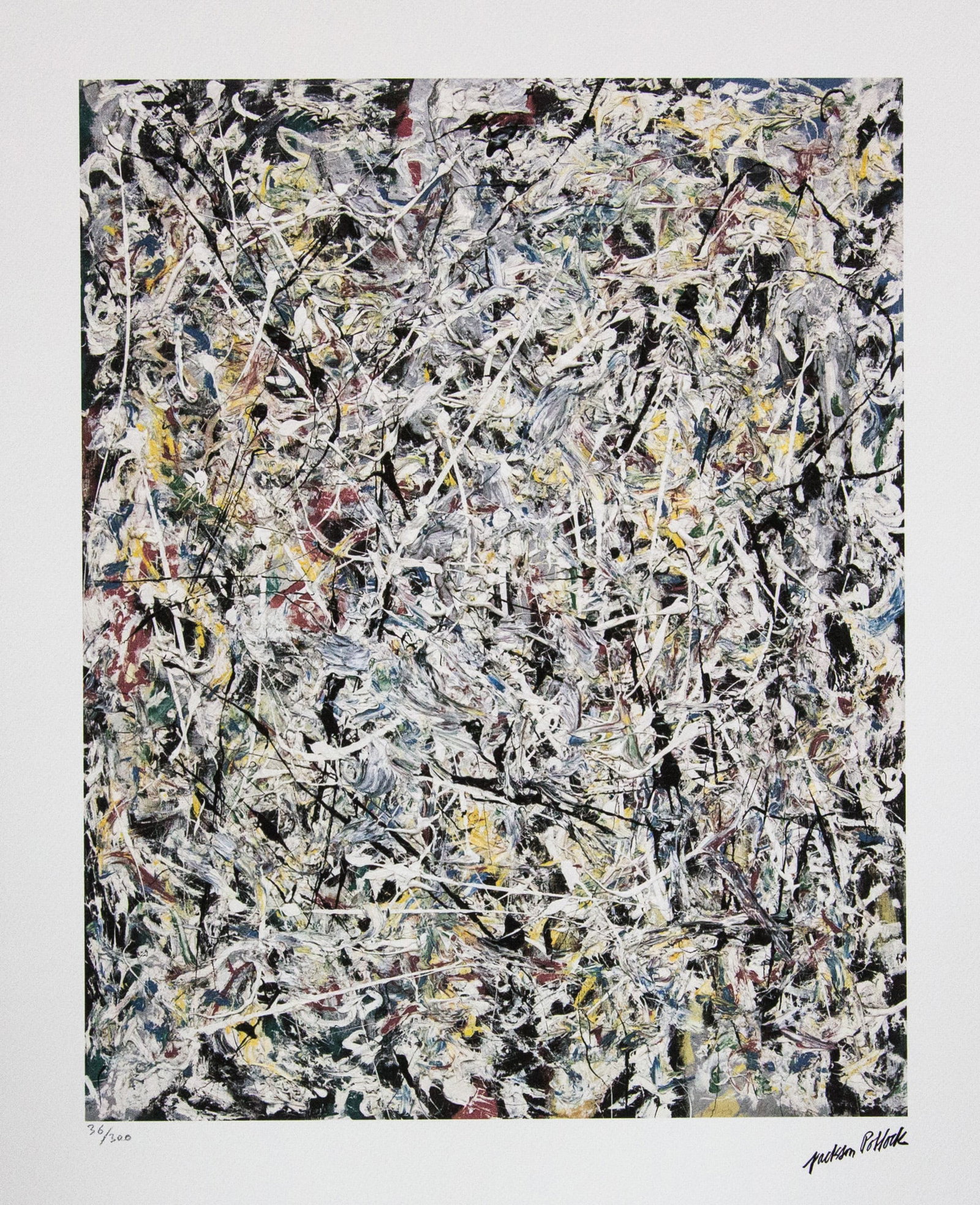 Jackson Pollock 'White Light': Jackson Pollock (after) 'White Light' lithography print, sheet size 50 x 70 cm, plate signed bottom right, numbered with pencil bottom left, limited edition 36/300, with embossing stamp 'SPADEM, Paris