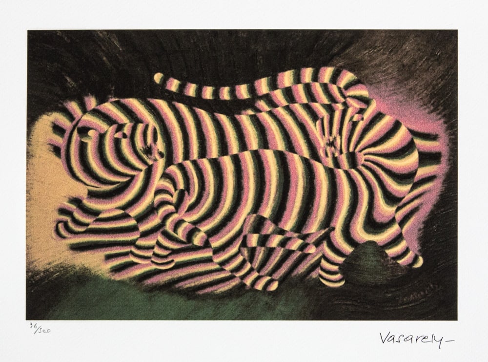 Victor Vasarely 'Tigres': Victor Vasarely (after) 'Tigres' limited edition of 500, lithography print, plate signed bottom right, numbered with pencil bottom left 96/500, heavy cotton paper, with embossing stamp 'SPADEM, Paris'