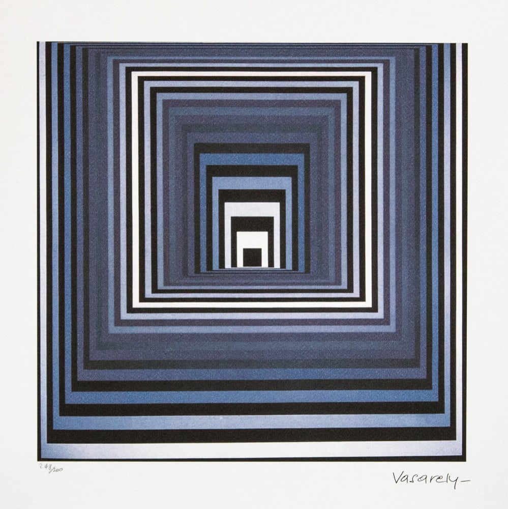 Victor Vasarely 'Vonal Ksz': Victor Vasarely (after) 'Vonal Ksz' limited edition of 500, lithography print, plate signed bottom right, numbered with pencil bottom left 248/500, heavy cotton paper, with embossing stamp 'SPADEM, Pa