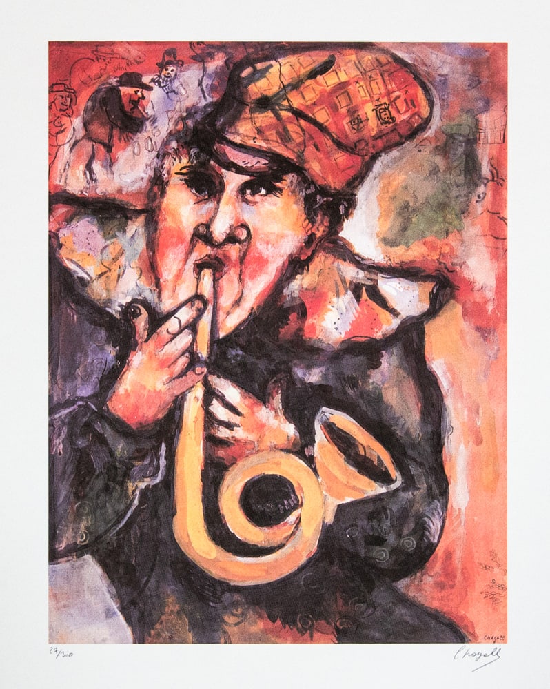 Marc Chagall 'Trumpet': Marc Chagall (after) 'Trumpet' offset lithograph, signed bottom right, numbered with pencil bottom left, limited edition 27/300, bottom left embossing stamp 'SPADEM Paris' heavy cotton paper, sheet