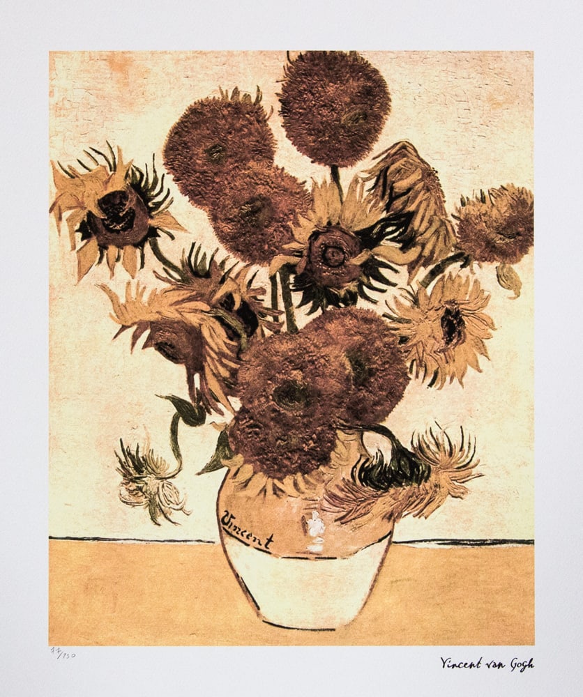 Vincent van Gogh 'Sunflowers': Vincent van Gogh (after) 'Sunflowers' lithography print, sheet size 50 x 70 cm, plate signed bottom right, numbered with pencil bottom left, limited edition 77/250, with embossing stamp 'SPADEM, Paris