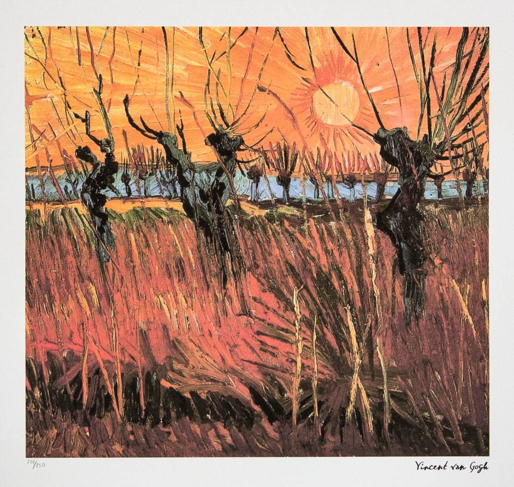 Vincent van Gogh 'Willows at Sunset': Vincent van Gogh (after) 'Willows at Sunset' lithography print, sheet size 50 x 70 cm, plate signed bottom right, numbered with pencil bottom left, limited edition 201/250, with embossing stamp