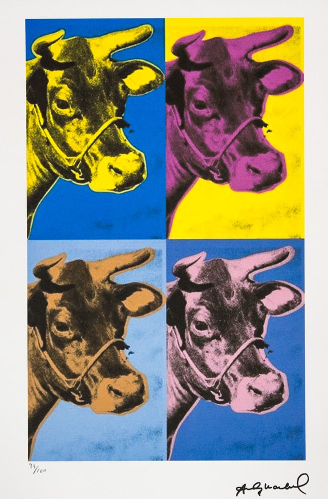 Andy Warhol 'Cow': Andy Warhol (after) 'Cow' offset lithograph in colors on Arches paper, sheet size 38,5 x 57 cm, plate signed bottom right, numbered with pencil, limited edition 93/100 (Leo Castelli, Art Gallery New