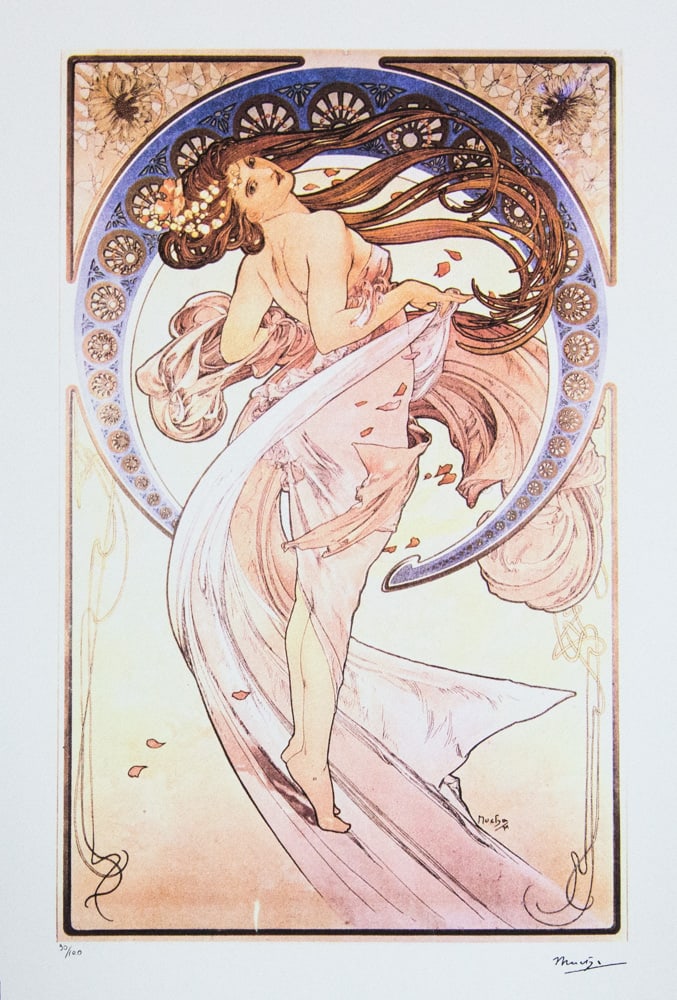 Alphonse Mucha 'The Four Arts - Dance': Alphonse Mucha (after) 'The Four Arts - Dance' lithography print, sheet size 50 x 70 cm, plate signed bottom right, numbered with pencil bottom left, limited edition 90/100, bottom left publishing