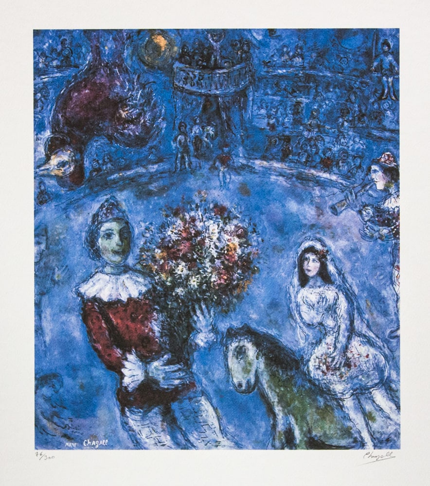Marc Chagall 'The Blue Circus': Marc Chagall (after) 'The Blue Circus' offset lithograph, signed bottom right, numbered with pencil bottom left, limited edition 76/300, bottom left embossing stamp 'SPADEM Paris' heavy cotton paper,