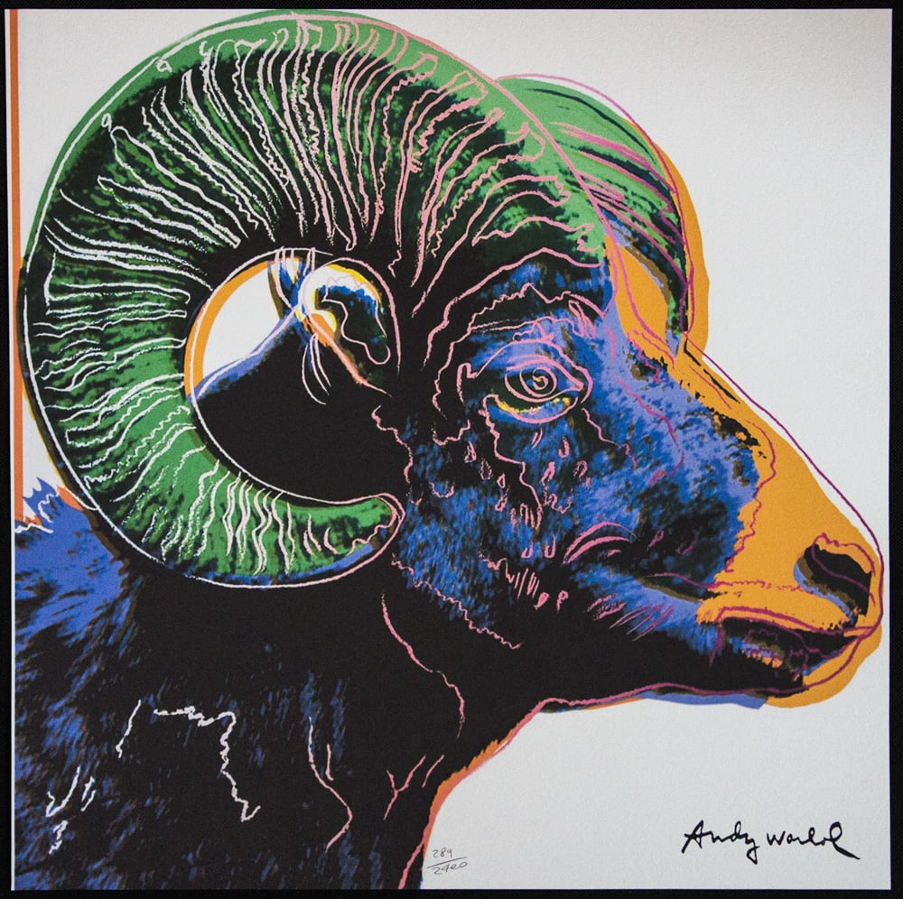 Andy Warhol 'Bighorn Ram': Andy Warhol (after) 'Bighorn Ram' offset lithography, size 60 x 60 cm, plate signed bottom right, numbered with pencil, limited edition 289/2400, heavy paper, stamped with CMOA on the back (Carnegie M