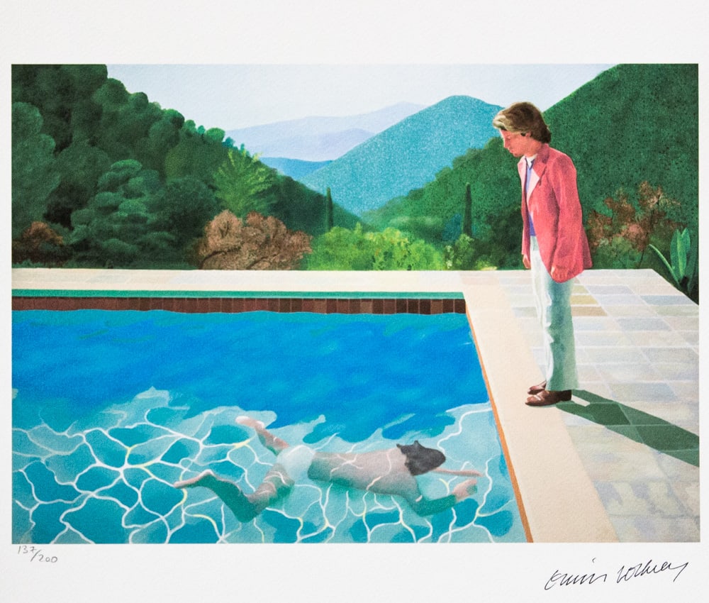 David Hockney 'Portrait of an Artist': David Hockney (after) 'Portrait of an Artist' limited edition of 200, lithography print, plate signed bottom right, numbered with pencil bottom left 137/200, heavy cotton paper, with embossing stamp '