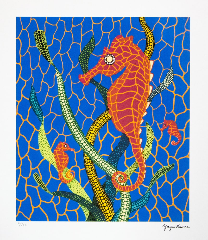 Yayoi Kusama 'Seahorses': Yayoi Kusama (after) 'Seahorses' offset lithography, limited edition of 500, sheet size 50 x 65 cm, plate signed bottom right, numbered with pencil bottom left 81/500, fine art paper, without