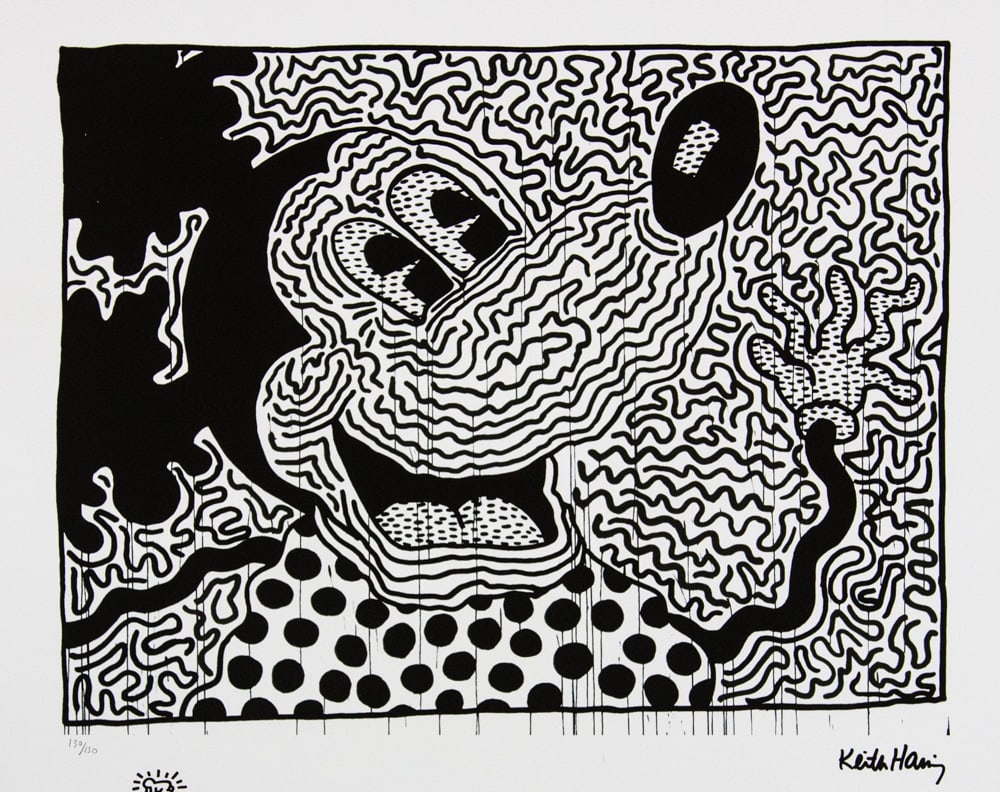Keith Haring 'Mickey Mouse': Keith Haring (after) 'Mickey Mouse' offset lithography, limited edition of 150, sheet size 50 x 70 cm, plate signed bottom right, numbered with pencil bottom left 130/150, cotton paper, Keith Haring F