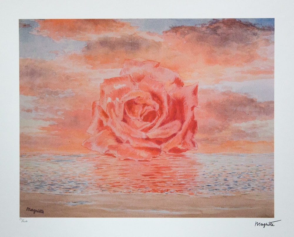 Rene Magritte 'The Invitation to Travel': Rene Magritte (after) 'The Invitation to Travel' lithography print, limited edition of 100, plate signed bottom right, numbered with pencil bottom left 25/100, bottom left publishing house stamp
