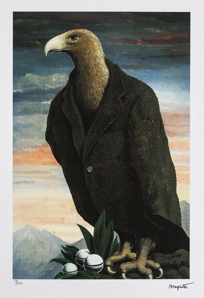 Rene Magritte 'The Present': Rene Magritte (after) 'The Present' lithography print, limited edition of 100, plate signed bottom right, numbered with pencil bottom left 59/100, bottom left publishing house stamp 'SPADEM, Paris',